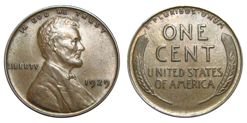 1929 Lincoln Wheat Penny obverse and reverse showing Lincoln portrait and wheat stalks
