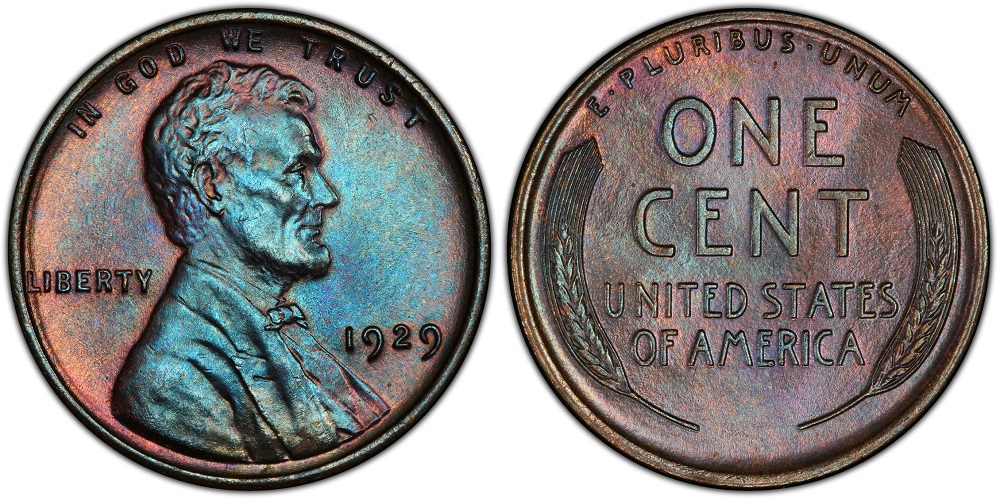 1929 wheat penny grading strip showing four condition tiers from worn to gem mint state side by side