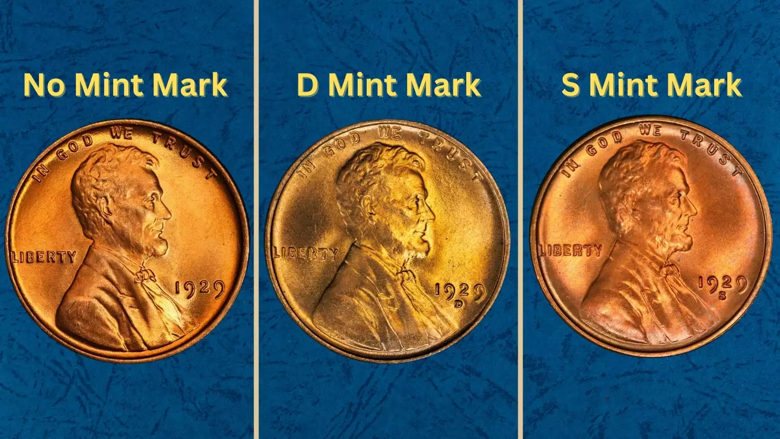 Group of 1929 Lincoln Wheat Pennies from all three mints — Philadelphia, Denver, and San Francisco — showing mint mark positions